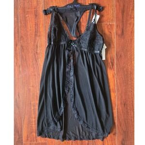 Carrie Amber Intimates Black Lace Mesh Babydoll Chemise Thong Set Small